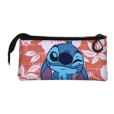 Estojo com imagem do Stitch e padrão floral laranja e branco