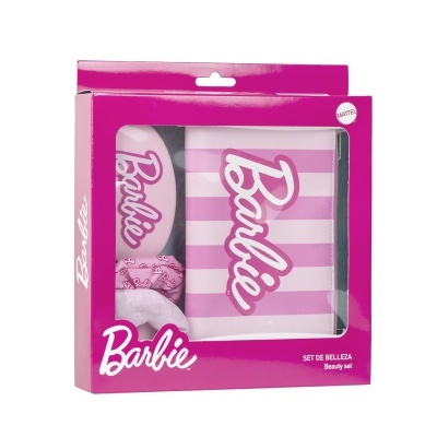 Set de beleza Barbie em caixa rosa com toalha e tecido listrado