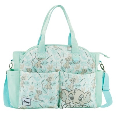 Mala azul clara com estampado de personagens do Disney O Rei Leão e bolsos frontais