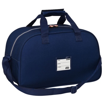 Mala desportiva azul escura com fecho de correr e etiqueta frontal