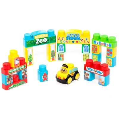 Blocos de construção de plástico coloridos com textos e um carro amarelo sorridente