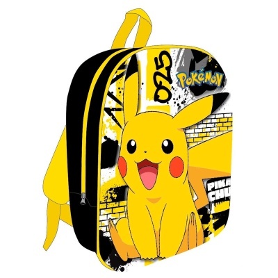 Mochila infantil amarela com imagem de Pikachu e texto Pokémon
