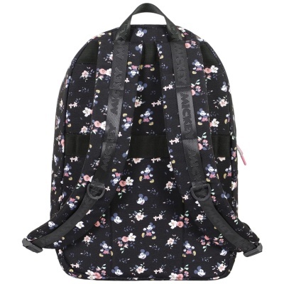 Mochila preta com padrão floral colorido e alças com texto MICKEY