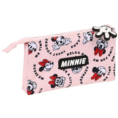 Estojo cor-de-rosa com estampado da Minnie e texto em preto