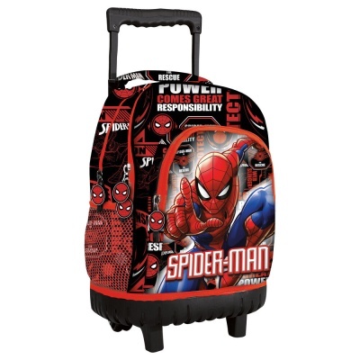 Mochila com tema Spider-Man vermelha e preta com rodas e puxador