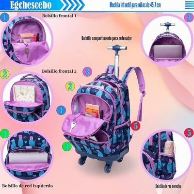 Mochila infantil azul y lilás con ruedas y varios bolsillos
