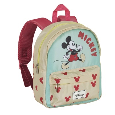 Mochila infantil com desenho do Mickey Mouse e detalhes vermelhos