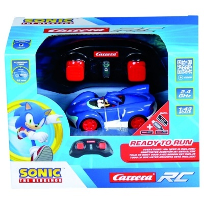 Carrinho de corrida azul Sonic The Hedgehog com controlador em embalagem azul