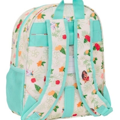 mochila floral com alças azuis turquesa e bolso lateral em rede