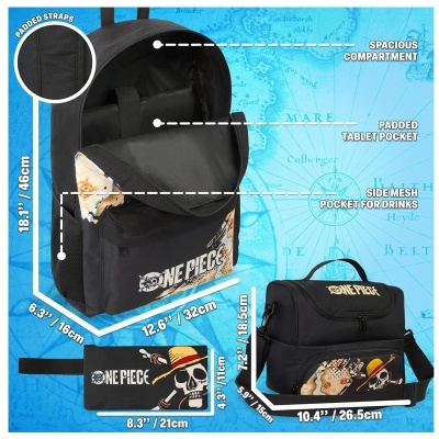 Mochila preta One Piece com bolsos, alças acolchoadas e estampas coloridas e desenhos de caveira com chapéu de palha.