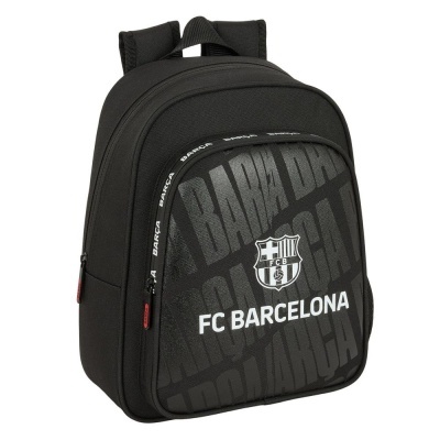 Mochila preta FC Barcelona com bolso frontal estampado e alças acolchoadas.