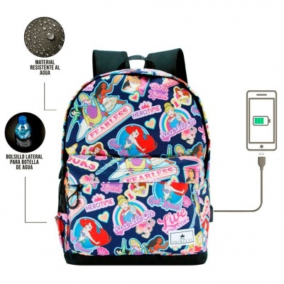 Mochila colorida com personagens animados, bolso lateral, resistente à água e entrada USB para carregamento
