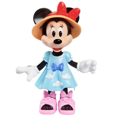 Figura de Minnie Mouse com vestido azul, chapéu de palha e chinelos cor-de-rosa