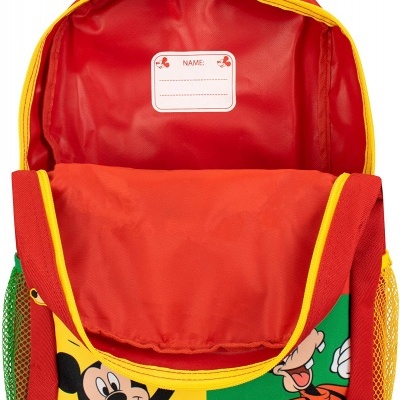 Mochila infantil vermelha com personagens Disney e fecho amarelo