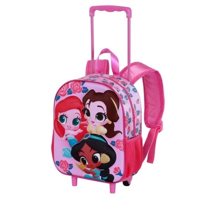 Mochila escolar rosa com princesas Disney e rodas