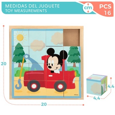Puzzle de madeira infantil com imagem do Mickey Mouse num camião vermelho e cenário colorido