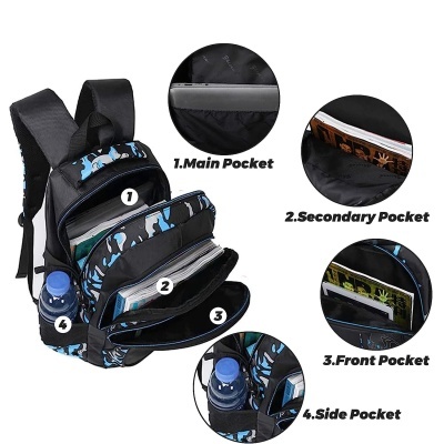 Mochila preta com padrão azul e branco com várias divisórias abertas e objetos dentro