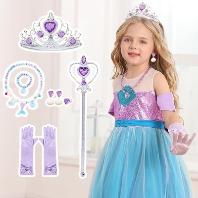Conjunto de fantasia para menina com vestido rosa e azul, tiara, cetro, acessórios lilás e joias falsas