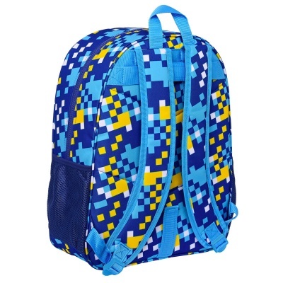 Mochila colorida com padrão geométrico azul e amarelo