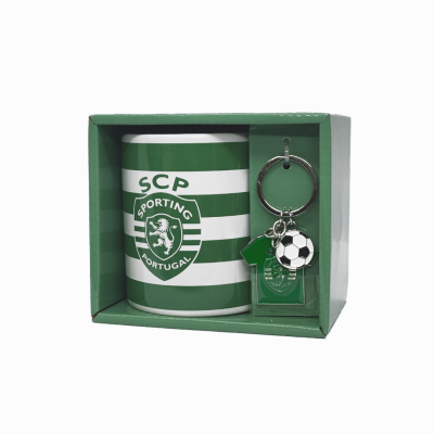 Conjunto caneca Sporting Portugal SCP e porta-chaves numa caixa verde