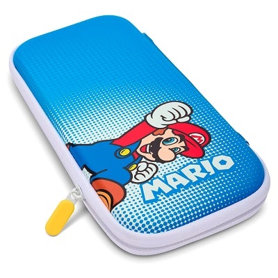 Estojo azul com personagem Mario e fecho branco com puxador amarelo