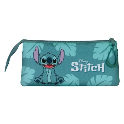 Estojo azul com personagem Stitch da Disney e folhas claras