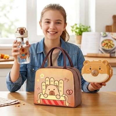 Garota segurando garrafa decorada, bolsa térmica e lancheira de urso em cozinha
