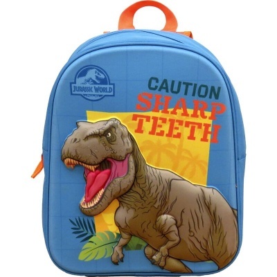 Mochila azul com estampa de dinossauro e texto Jurassic World
