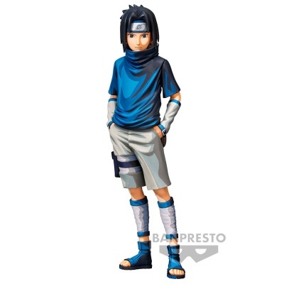 Figura de ação Sasuke Uchiha com roupa azul e cinza, bandana prateada e sandálias azuis