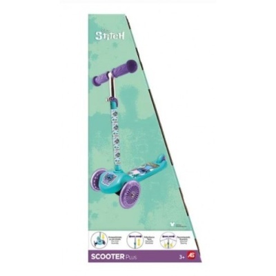 Trotinete azul-turquesa e roxo para crianças na embalagem verde