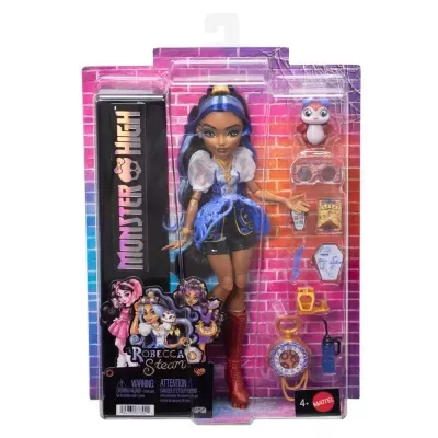 Boneca Monster High Robecca Steam com vários acessórios em embalagem transparente com fundo colorido