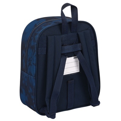 Mochila pequena azul escuro com alças e etiqueta visível