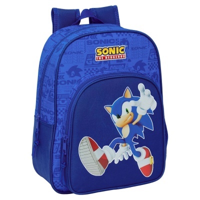 Mochila azul do Sonic the Hedgehog com bolso frontal e padrão gráfico