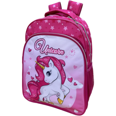 Mochila rosa com unicórnio e estrelas brancas