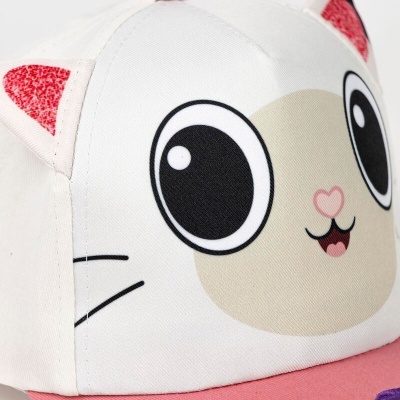Boné infantil de tecido com rosto de gato cor branca e rosa