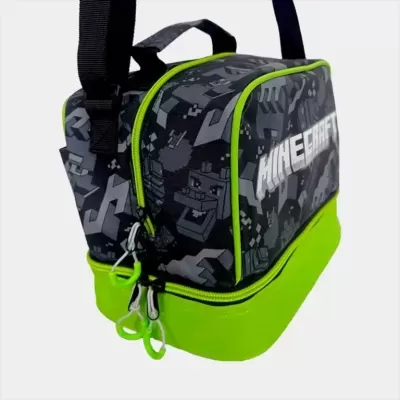 Bolsa lancheira verde fluorescente com padrão Minecraft cinzento e preto
