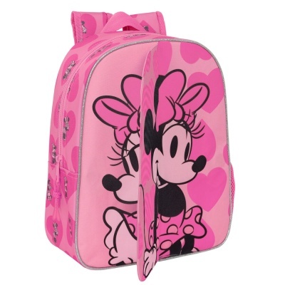 Mochila infantil rosa com estampa da Minnie e corações