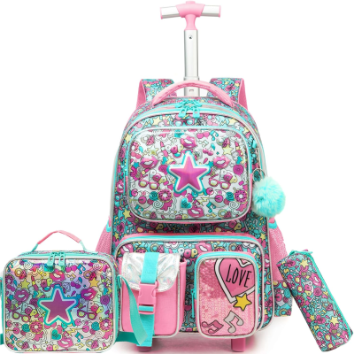 Mochila, mala térmica e estojo com padrão colorido de flamingos e estrelas