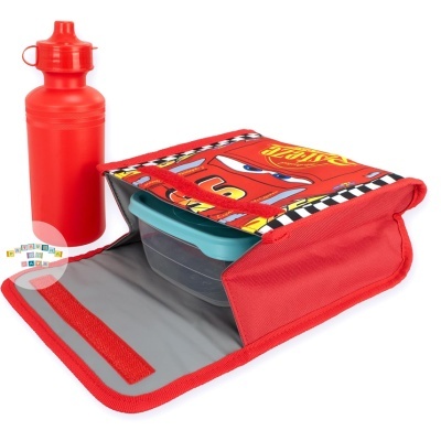 Garrafa desportiva vermelha e bolsa térmica Cars vermelha aberta com lancheira azul
