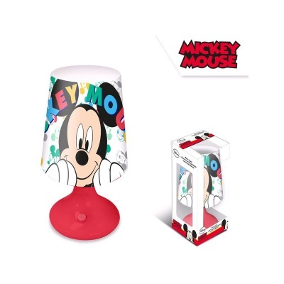 Candeeiro de mesa com base vermelha e cúpula do Mickey Mouse com embalagem ao lado