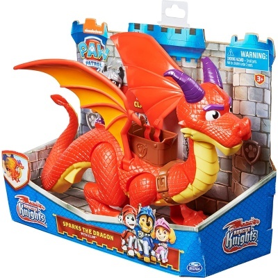 Brinquedo dragão laranja com asas e embalagem azul PAW Patrol