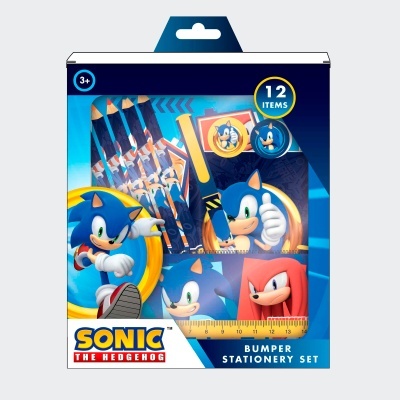 Conjunto de papelaria Sonic the Hedgehog com lápis, réguas, borrachas e apontadores em embalagem azul.