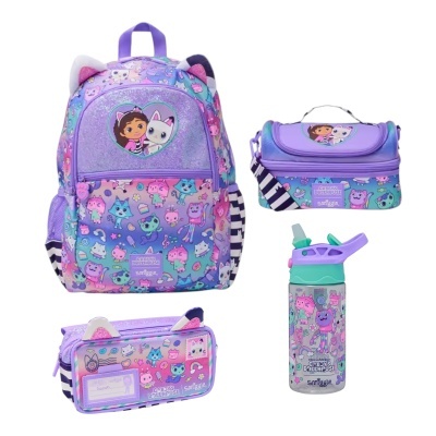 Conjunto escolar lilás com mochila, lancheira, estojo e garrafa decorados com personagens e letras