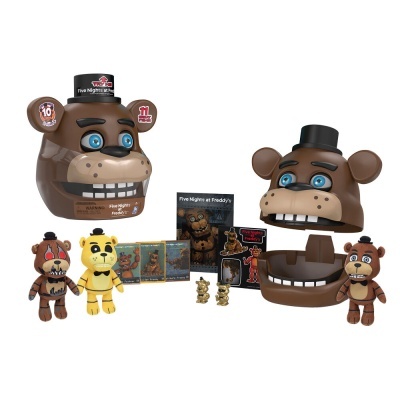 Conjunto Five Nights at Freddy's com figuras e caixa em forma de cabeça de Freddy