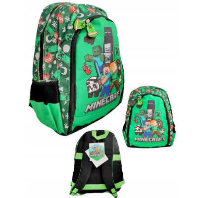 Mochila verde Minecraft com personagens pixelizados e bolso lateral preto