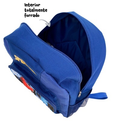 Mochila azul com interior totalmente forrado e bolso frontal colorido