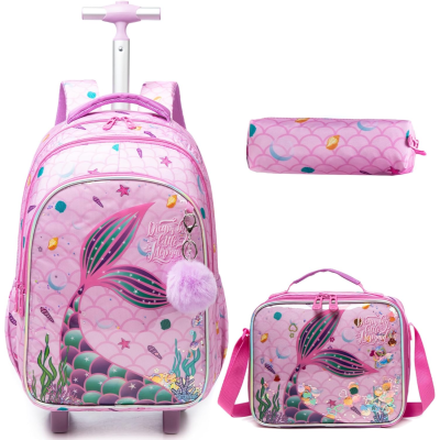 Conjunto escolar rosa com cauda de sereia, mochila de rodinhas, estojo e bolsa térmica