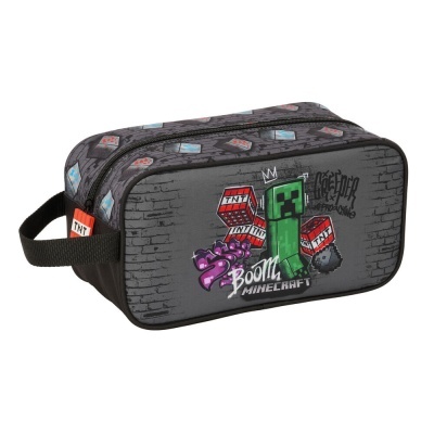 Necessaire Minecraft cinza e preta com personagem Creeper e blocos TNT