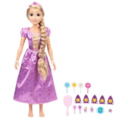 Boneca rapariga com vestido roxo e cabelo loiro trançado com acessórios coloridos