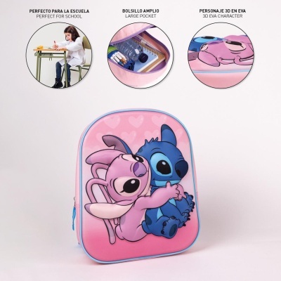 Mochila infantil rosa com personagens 3D Stitch e Angel em EVA